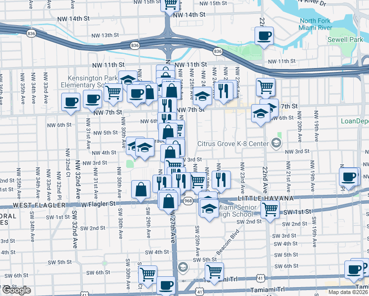 map of restaurants, bars, coffee shops, grocery stores, and more near 318 Northwest 25th Court in Miami
