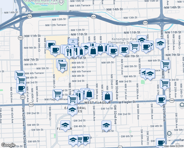 map of restaurants, bars, coffee shops, grocery stores, and more near 3432 Northwest 4th Street in Miami