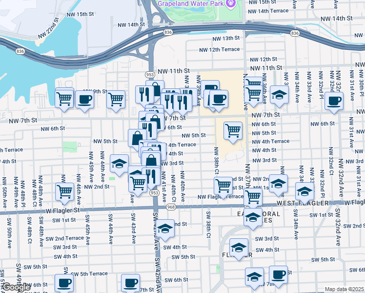 map of restaurants, bars, coffee shops, grocery stores, and more near 401 Northwest 40th Court in Miami