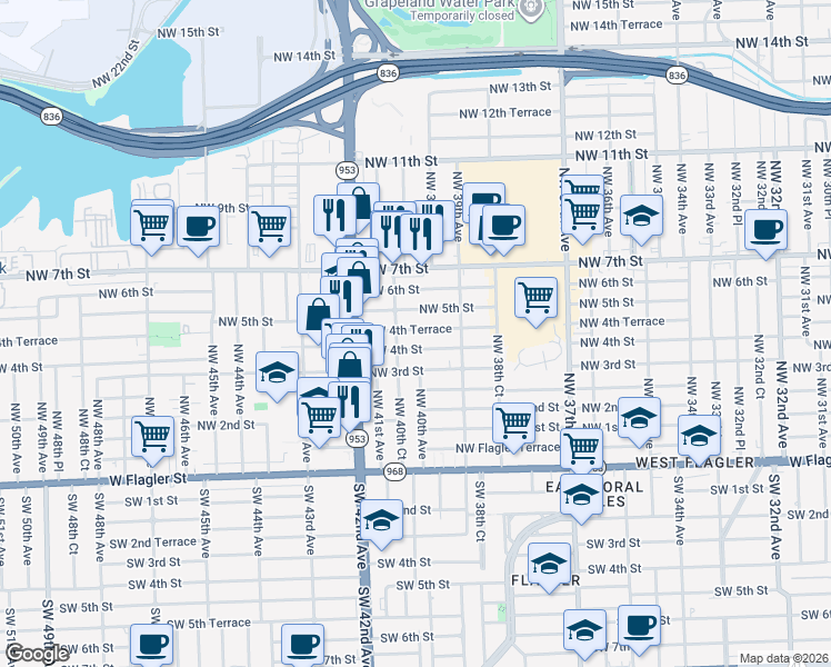 map of restaurants, bars, coffee shops, grocery stores, and more near 401 Northwest 40th Court in Miami