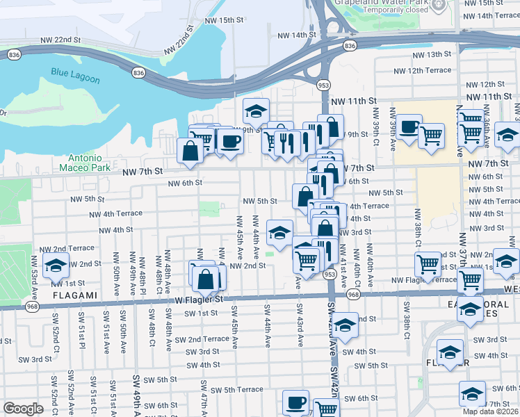 map of restaurants, bars, coffee shops, grocery stores, and more near 405 Northwest 44th Avenue in Miami