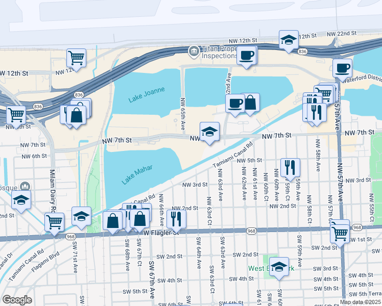 map of restaurants, bars, coffee shops, grocery stores, and more near 400 Northwest 64th Avenue in Miami