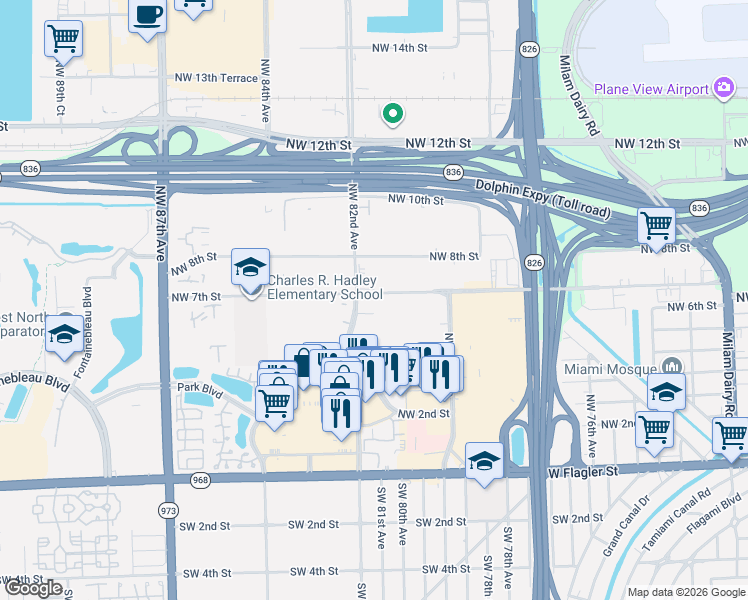 map of restaurants, bars, coffee shops, grocery stores, and more near 551 Northwest 82nd Avenue in Miami