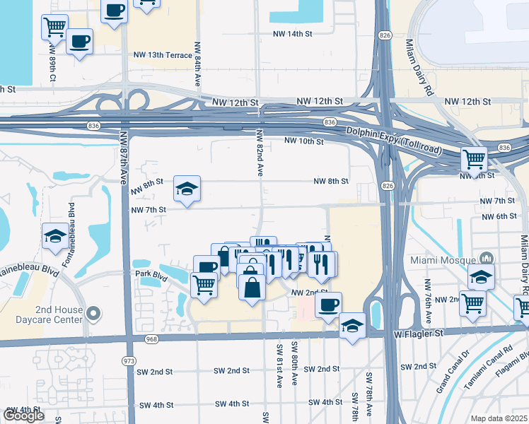 map of restaurants, bars, coffee shops, grocery stores, and more near 551 Northwest 82nd Avenue in Miami