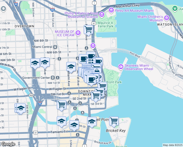 map of restaurants, bars, coffee shops, grocery stores, and more near 204 Northeast 2nd Street in Miami