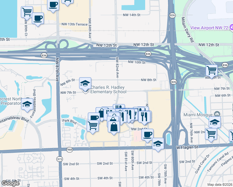 map of restaurants, bars, coffee shops, grocery stores, and more near 241 Northwest 82nd Avenue in Miami