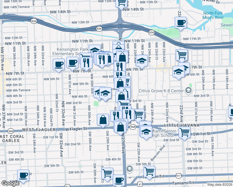 map of restaurants, bars, coffee shops, grocery stores, and more near 352 Northwest 27th Avenue in Miami