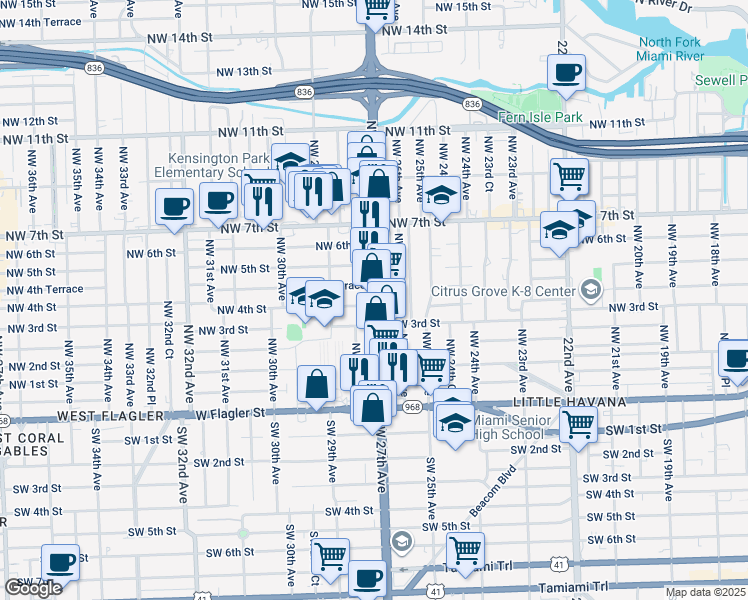 map of restaurants, bars, coffee shops, grocery stores, and more near 402 Northwest 27th Avenue in Miami