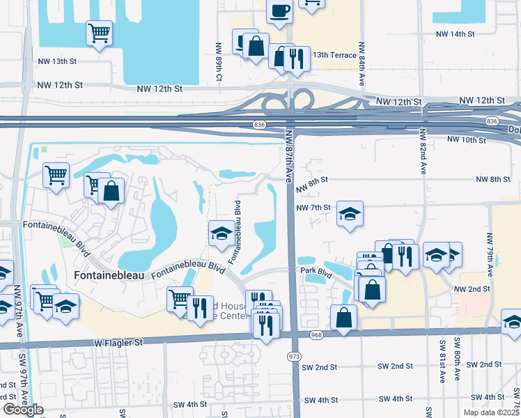 map of restaurants, bars, coffee shops, grocery stores, and more near 8895 Fontainebleau Boulevard in Miami