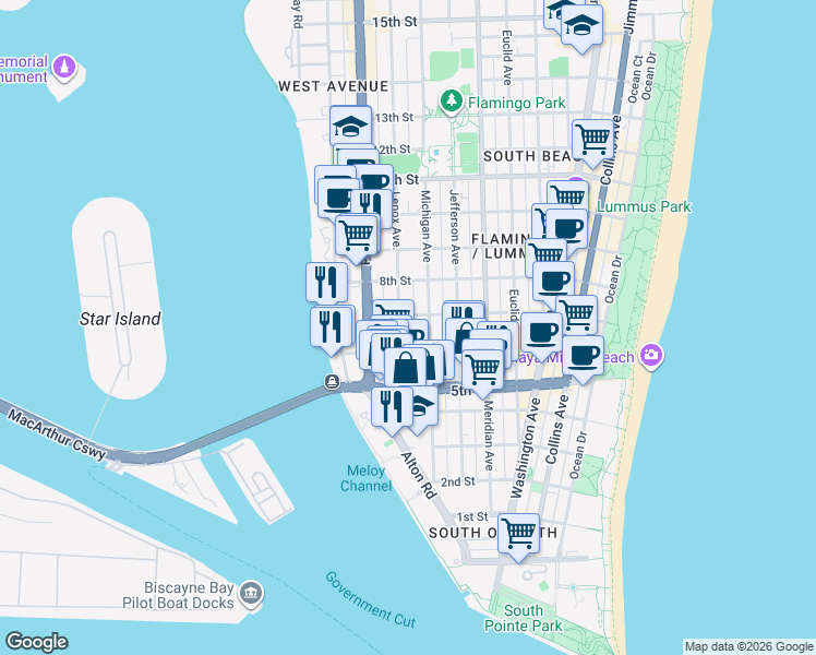 map of restaurants, bars, coffee shops, grocery stores, and more near 1035 6th Street in Miami Beach