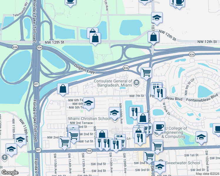 map of restaurants, bars, coffee shops, grocery stores, and more near 11001 Northwest 111th Court in Miami