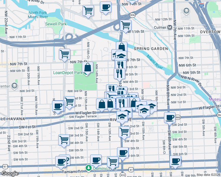 map of restaurants, bars, coffee shops, grocery stores, and more near 1240 Northwest 3rd Street in Miami