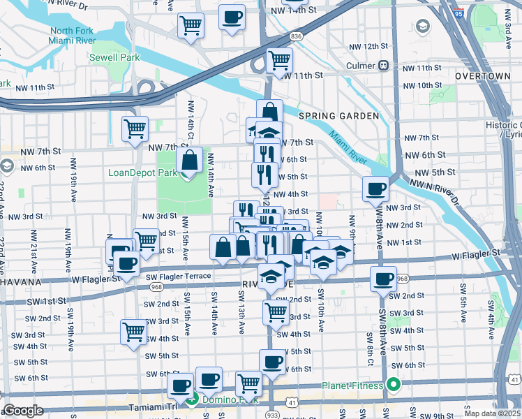 map of restaurants, bars, coffee shops, grocery stores, and more near 1240 Northwest 3rd Street in Miami