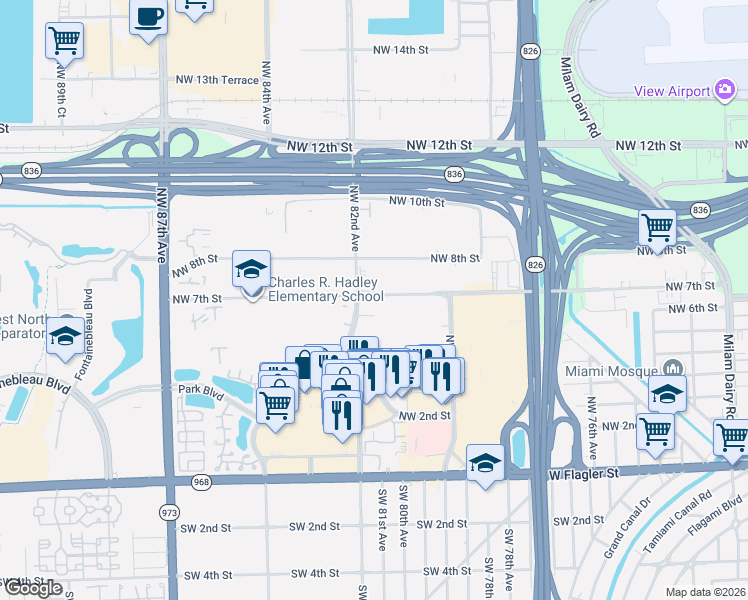 map of restaurants, bars, coffee shops, grocery stores, and more near 551 Northwest 82nd Avenue in Miami