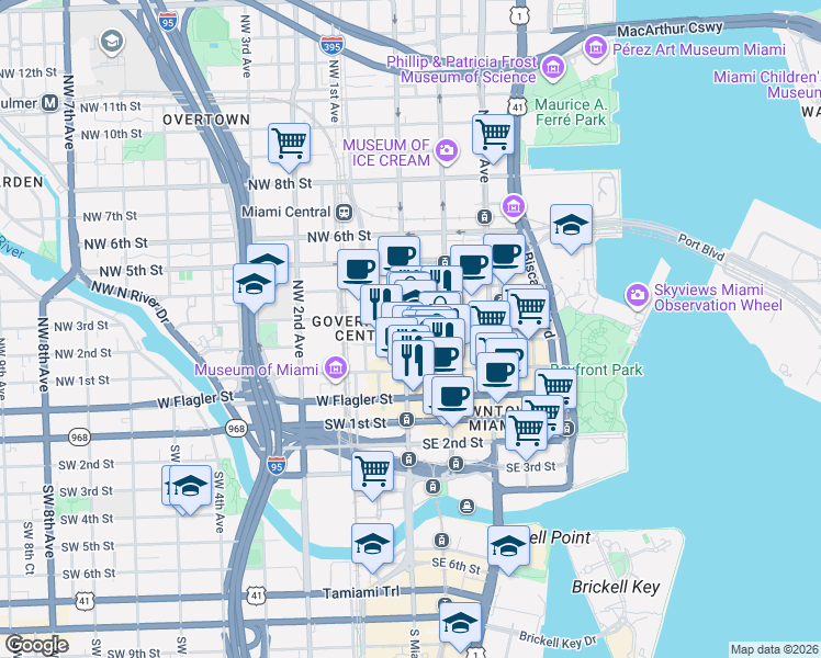 map of restaurants, bars, coffee shops, grocery stores, and more near 36 Northeast 2nd Street in Miami