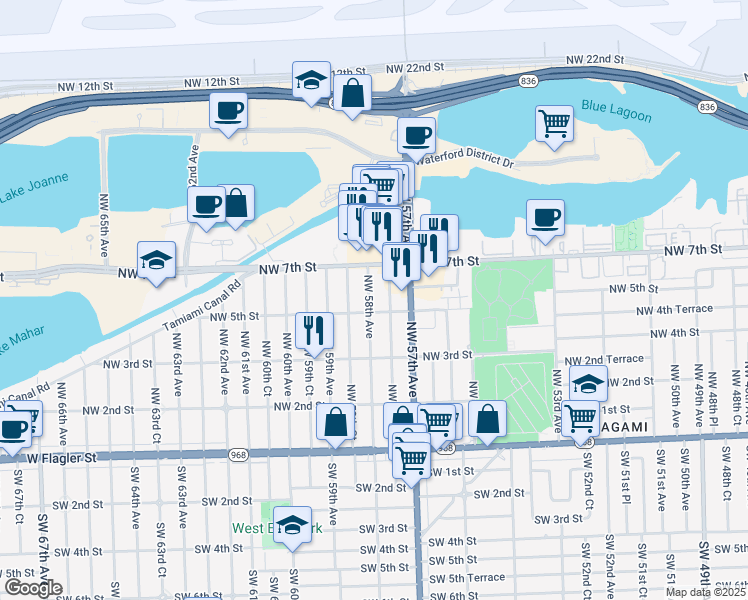 map of restaurants, bars, coffee shops, grocery stores, and more near 531 Northwest 58th Avenue in Miami