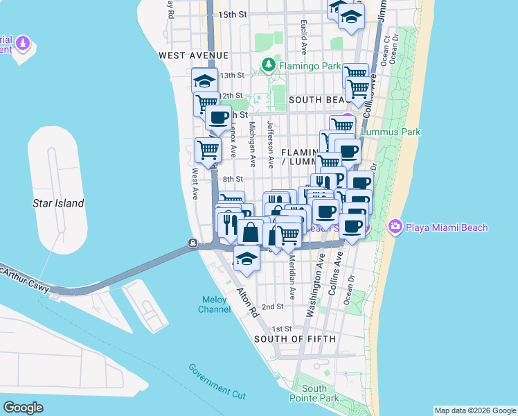 map of restaurants, bars, coffee shops, grocery stores, and more near 610 Jefferson Avenue in Miami Beach