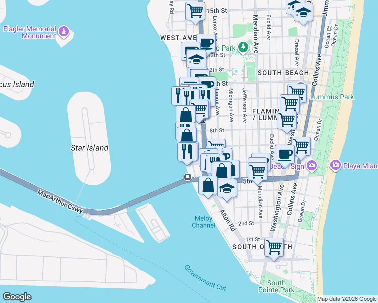 map of restaurants, bars, coffee shops, grocery stores, and more near 520 West Avenue in Miami Beach