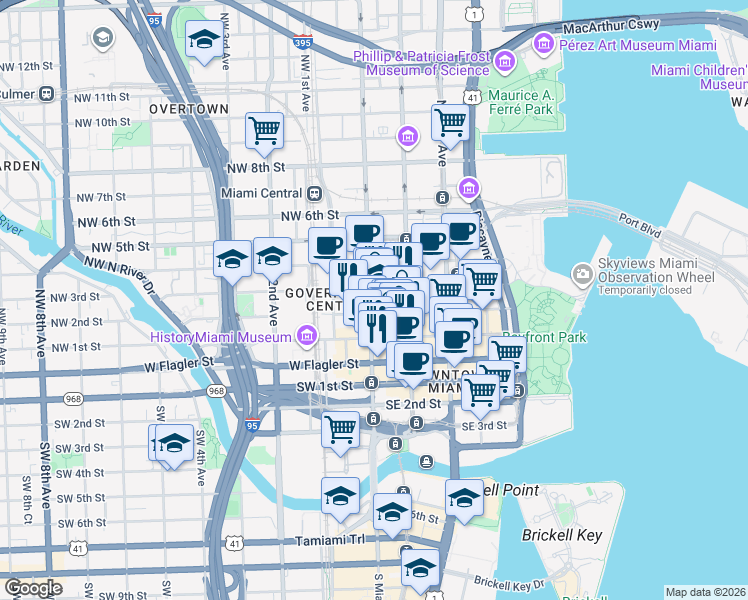 map of restaurants, bars, coffee shops, grocery stores, and more near 36 Northeast 2nd Street in Miami