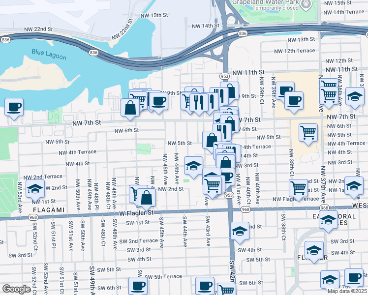 map of restaurants, bars, coffee shops, grocery stores, and more near 405 Northwest 44th Avenue in Miami