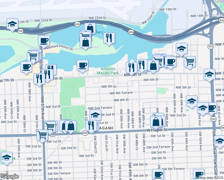 map of restaurants, bars, coffee shops, grocery stores, and more near 5122 Northwest 4th Terrace in Miami