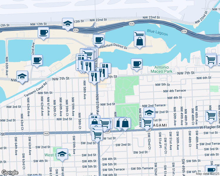 map of restaurants, bars, coffee shops, grocery stores, and more near 5550 Northwest 5th Street in Miami