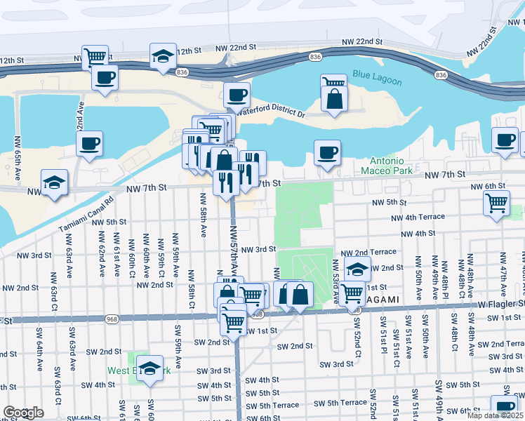 map of restaurants, bars, coffee shops, grocery stores, and more near 5550 Northwest 5th Street in Miami
