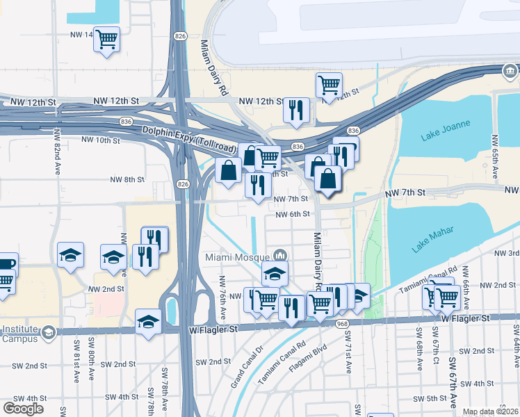 map of restaurants, bars, coffee shops, grocery stores, and more near 574 Northwest 74th Avenue in Miami