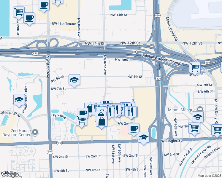 map of restaurants, bars, coffee shops, grocery stores, and more near 551 Northwest 82nd Avenue in Miami