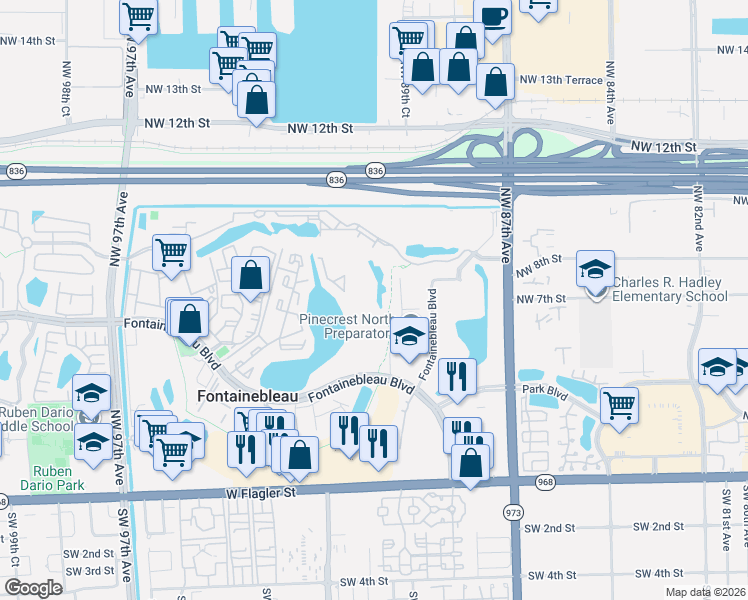 map of restaurants, bars, coffee shops, grocery stores, and more near 9171 Fontainebleau Boulevard in Miami