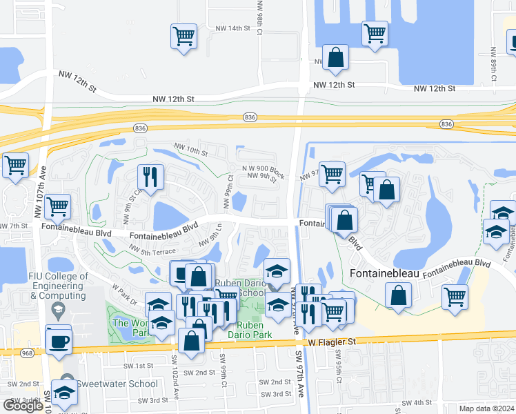 map of restaurants, bars, coffee shops, grocery stores, and more near 9715 Fontainebleau Boulevard in Miami