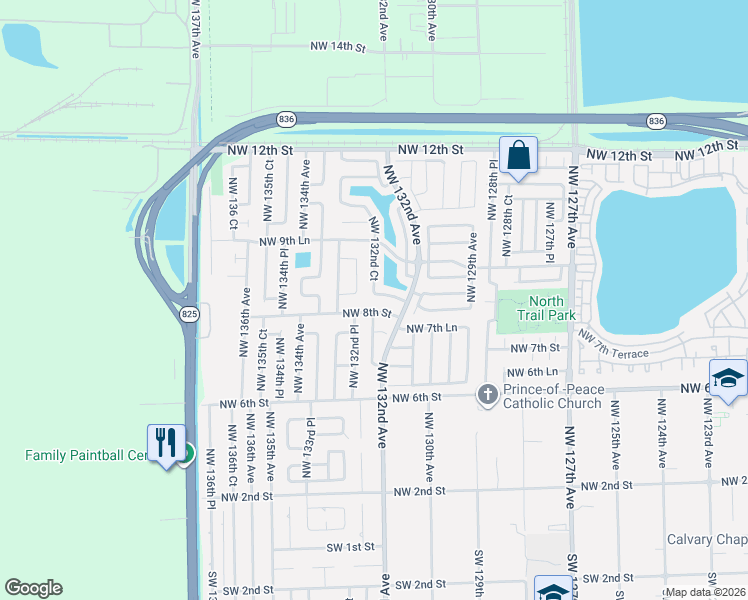 map of restaurants, bars, coffee shops, grocery stores, and more near 13214 Northwest 8th Street in Miami