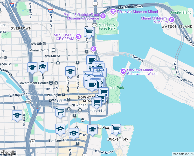 map of restaurants, bars, coffee shops, grocery stores, and more near 253 Northeast 2nd Street in Miami