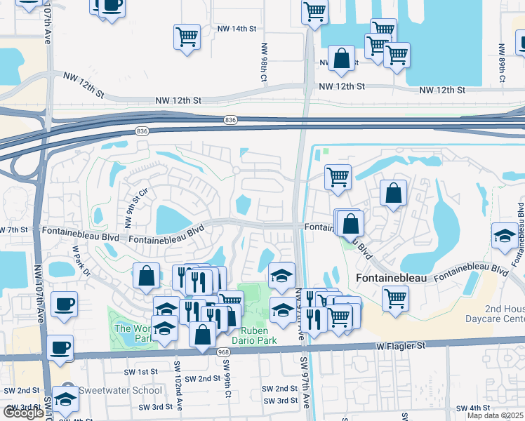 map of restaurants, bars, coffee shops, grocery stores, and more near 9715 Fontainebleau Boulevard in Miami