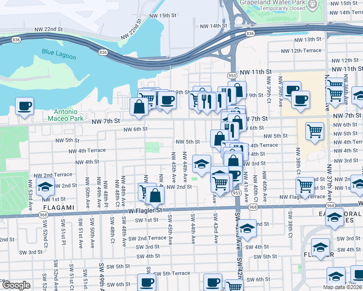 map of restaurants, bars, coffee shops, grocery stores, and more near 405 Northwest 44th Avenue in Miami