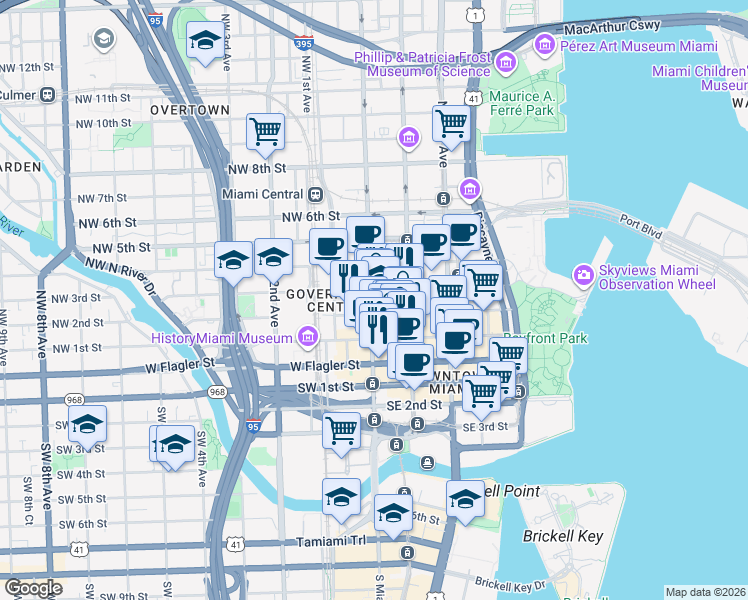 map of restaurants, bars, coffee shops, grocery stores, and more near 36 Northeast 2nd Street in Miami