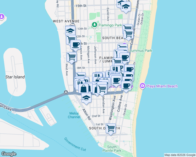 map of restaurants, bars, coffee shops, grocery stores, and more near 610 Jefferson Avenue in Miami Beach