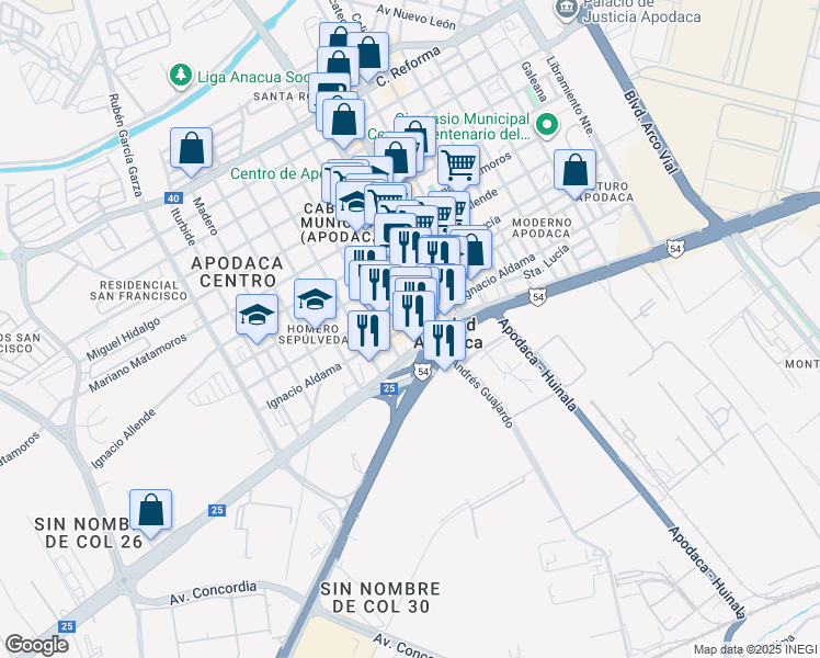 map of restaurants, bars, coffee shops, grocery stores, and more near 604 General Mariano Escobedo in Ciudad Apodaca