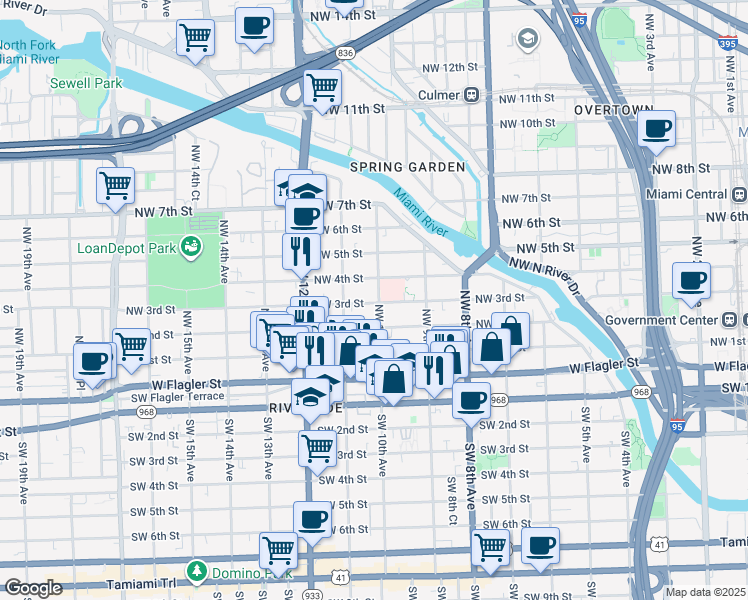 map of restaurants, bars, coffee shops, grocery stores, and more near 219 Northwest 10th Avenue in Miami