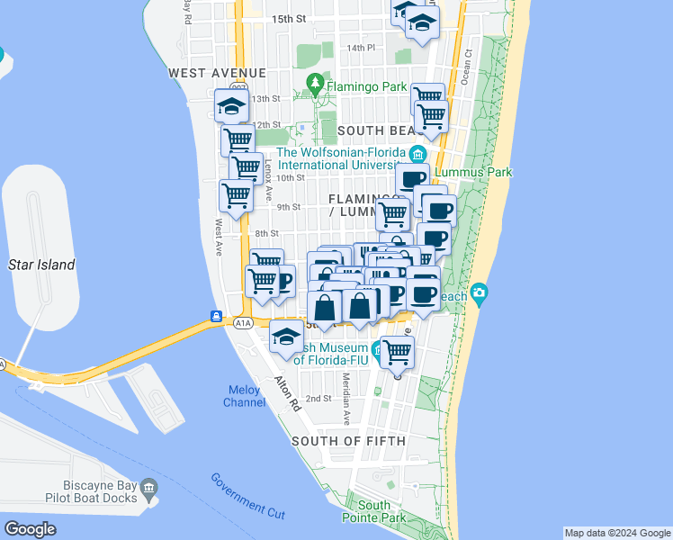 map of restaurants, bars, coffee shops, grocery stores, and more near 741 6th Street in Miami Beach