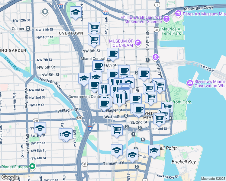 map of restaurants, bars, coffee shops, grocery stores, and more near 200 Northwest 1st Avenue in Miami