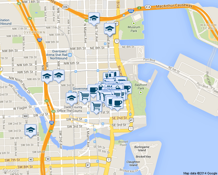 map of restaurants, bars, coffee shops, grocery stores, and more near 225 Northeast 2nd Avenue in Miami