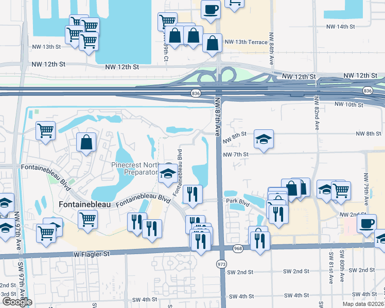map of restaurants, bars, coffee shops, grocery stores, and more near 8895 Fontainebleau Boulevard in Miami
