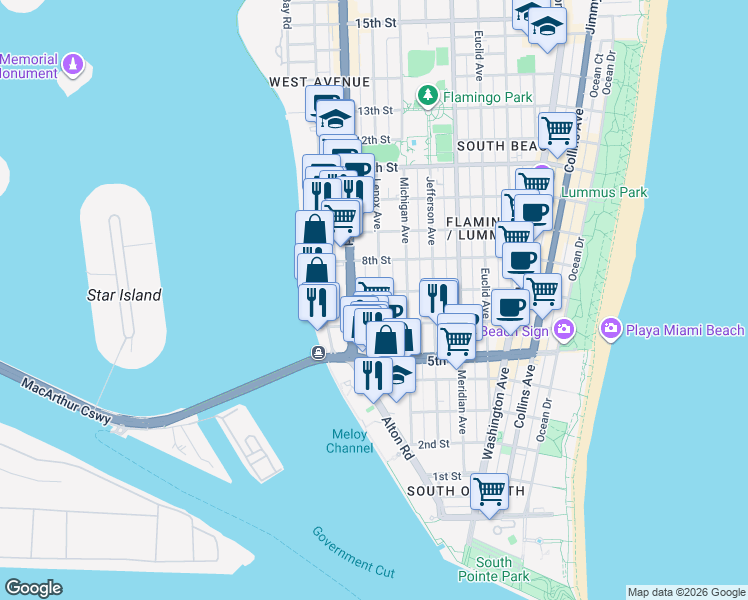 map of restaurants, bars, coffee shops, grocery stores, and more near in Miami Beach