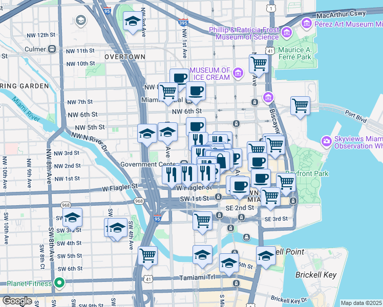 map of restaurants, bars, coffee shops, grocery stores, and more near 200 Northwest 1st Avenue in Miami