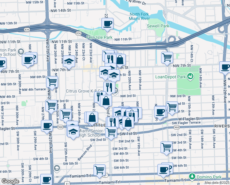 map of restaurants, bars, coffee shops, grocery stores, and more near 2153 Northwest 3rd Street in Miami