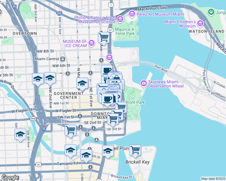 map of restaurants, bars, coffee shops, grocery stores, and more near 244 Biscayne Boulevard in Miami