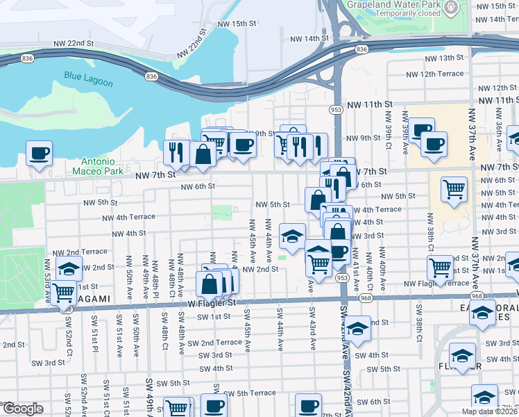 map of restaurants, bars, coffee shops, grocery stores, and more near 430 Northwest 45th Avenue in Miami