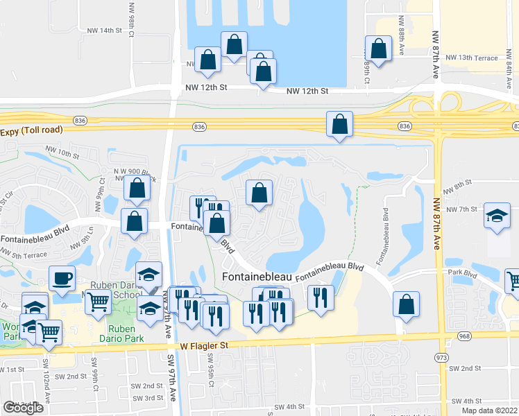 map of restaurants, bars, coffee shops, grocery stores, and more near 9407 Fontainebleau Boulevard in Miami