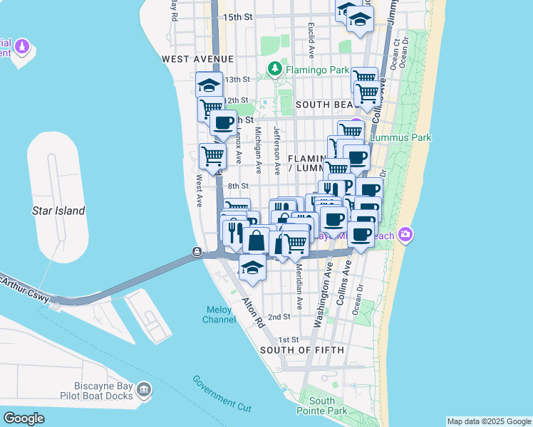 map of restaurants, bars, coffee shops, grocery stores, and more near 610 Jefferson Avenue in Miami Beach
